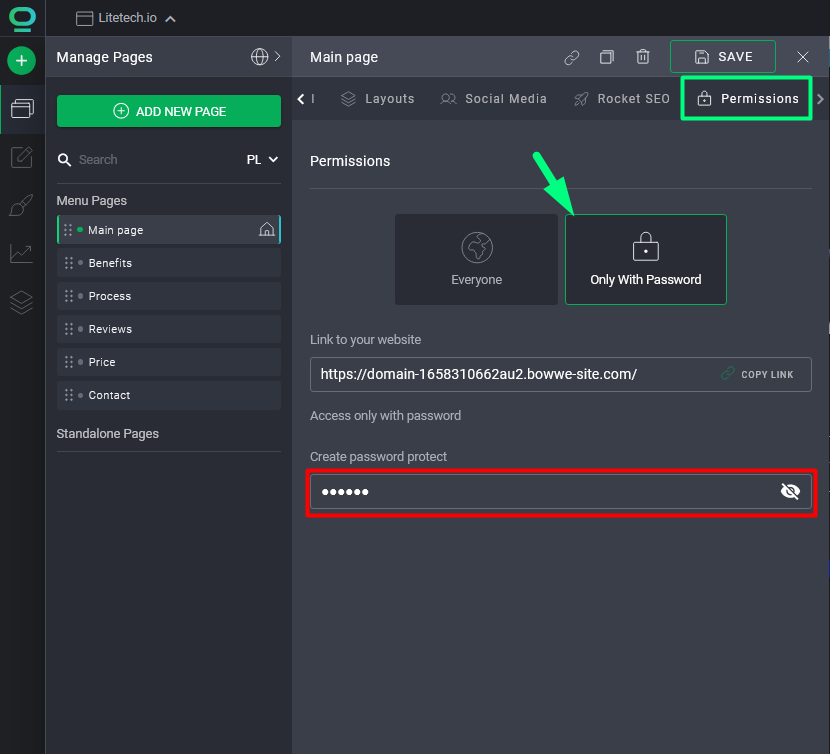 Website Permissions BOWWE Site password management options